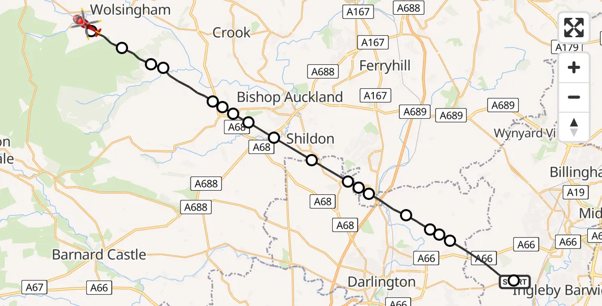 Flight route Air Ambulance Helicopter Egglescliffe - Stanhope, 04 July 2026, 10:34