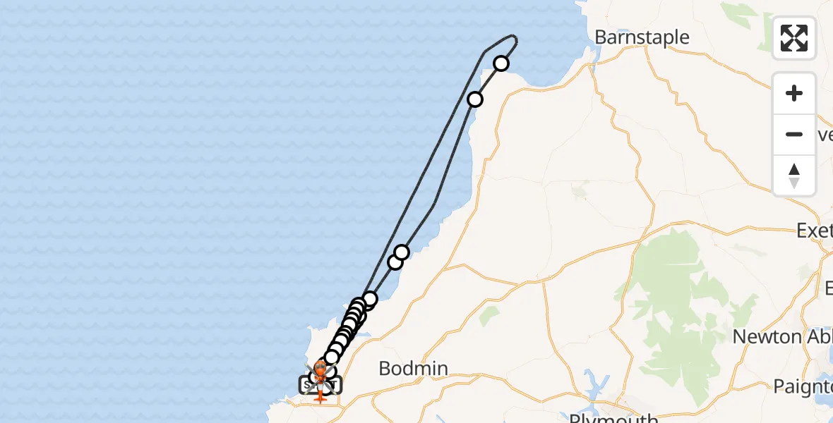 Flight route Coastguard Helicopter Cornwall Airport Newquay - Cornwall Airport Newquay, 04 July 2026, 10:36
