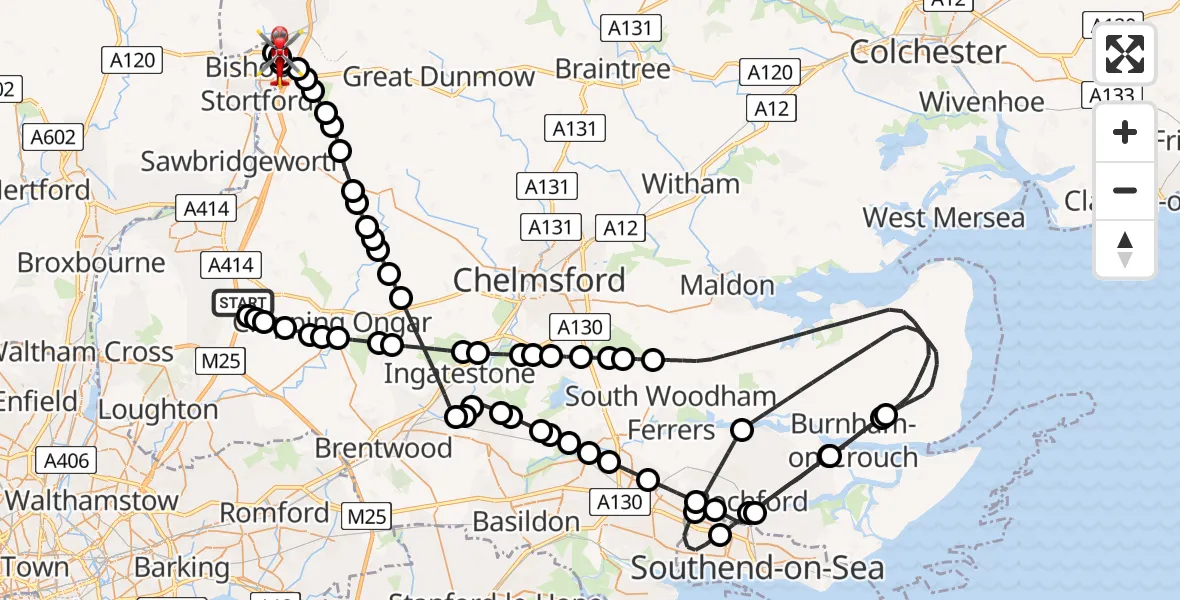 Flight route Air Ambulance Helicopter North Weald Airfield - Bishop's Stortford, 04 July 2026, 10:37