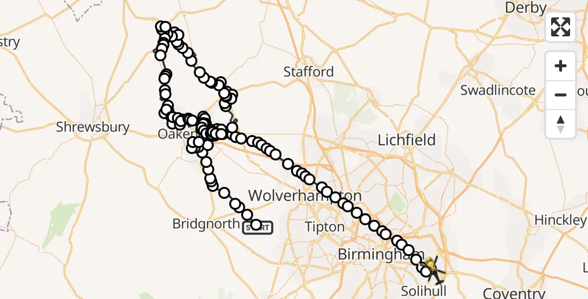 Flight route Police Helicopter Bobbington - Birmingham Airport, 04 July 2026, 10:47