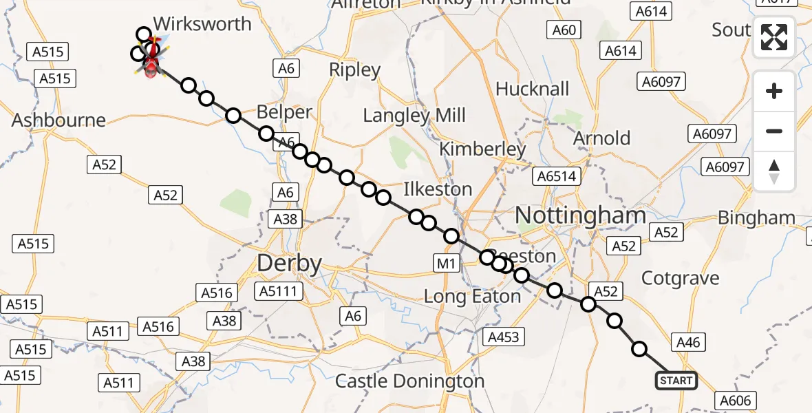 Flight route Air Ambulance Helicopter Widmerpool - Carsington Water, 04 July 2026, 10:57
