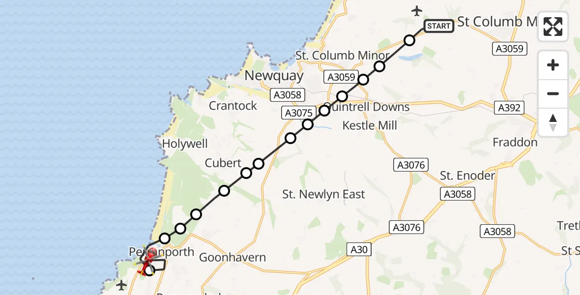 Flight route Air Ambulance Helicopter Cornwall Airport Newquay - Perrancoombe, 04 July 2026, 11:00