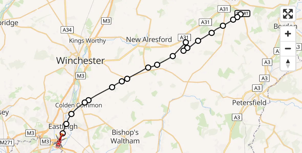 Flight route Air Ambulance Helicopter Selborne - Southampton Airport, 04 July 2026, 11:05