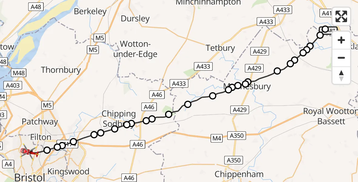 Flight route Air Ambulance Helicopter Cerney Wick - Bristol, 04 July 2026, 11:20