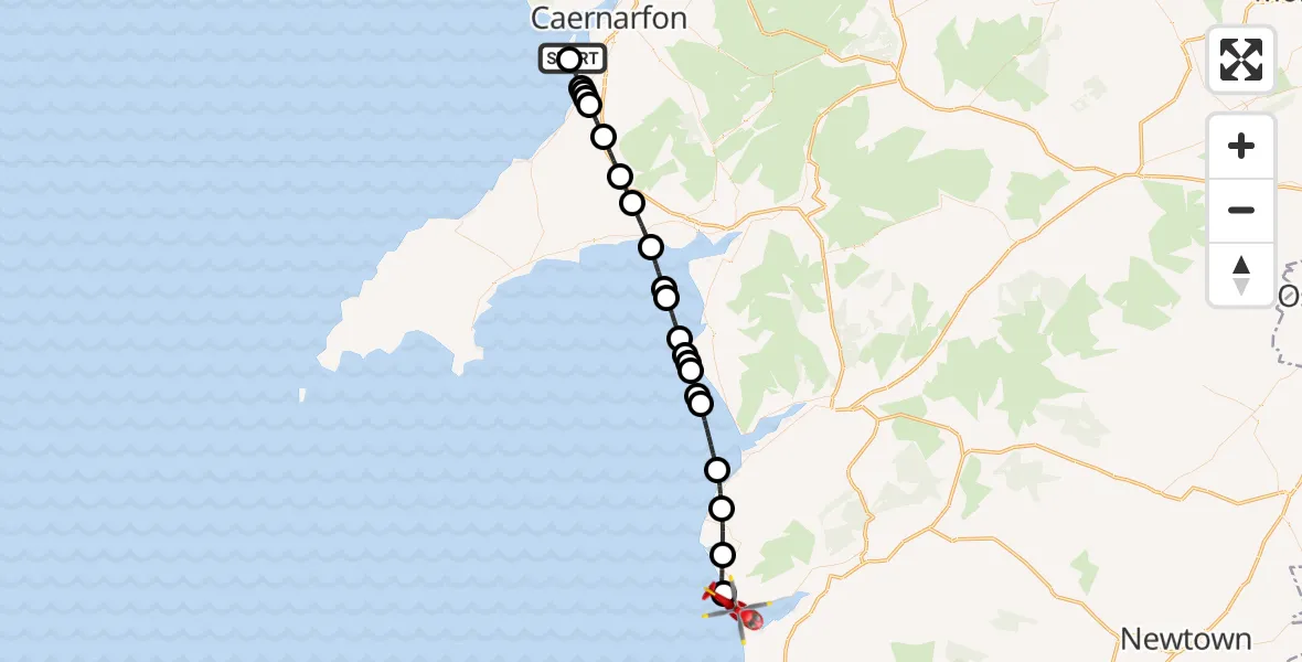 Flight route Air Ambulance Helicopter Caernarfon Airport - Aberdyfi, 04 July 2026, 11:21
