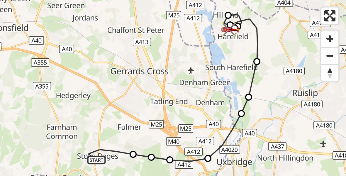 Flight route Air Ambulance Helicopter Stoke Poges - Harefield Hospital, 04 July 2026, 11:22