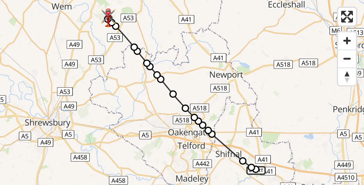 Flight route Air Ambulance Helicopter RAF Cosford - Marchamley, 04 July 2026, 11:38