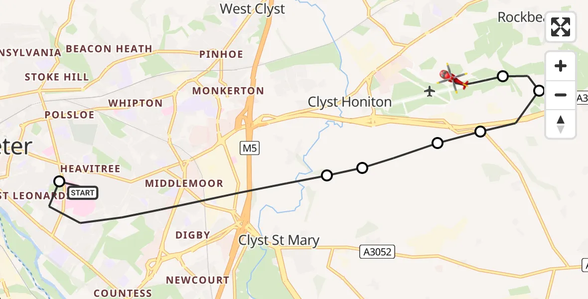 Flight route Air Ambulance Helicopter Royal Devon & Exeter Hospital - Exeter International Airport, 04 July 2026, 11:41