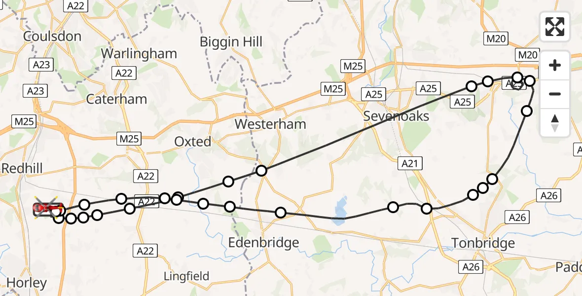 Flight route Air Ambulance Helicopter Redhill Aerodrome - Redhill Aerodrome, 04 July 2026, 11:46