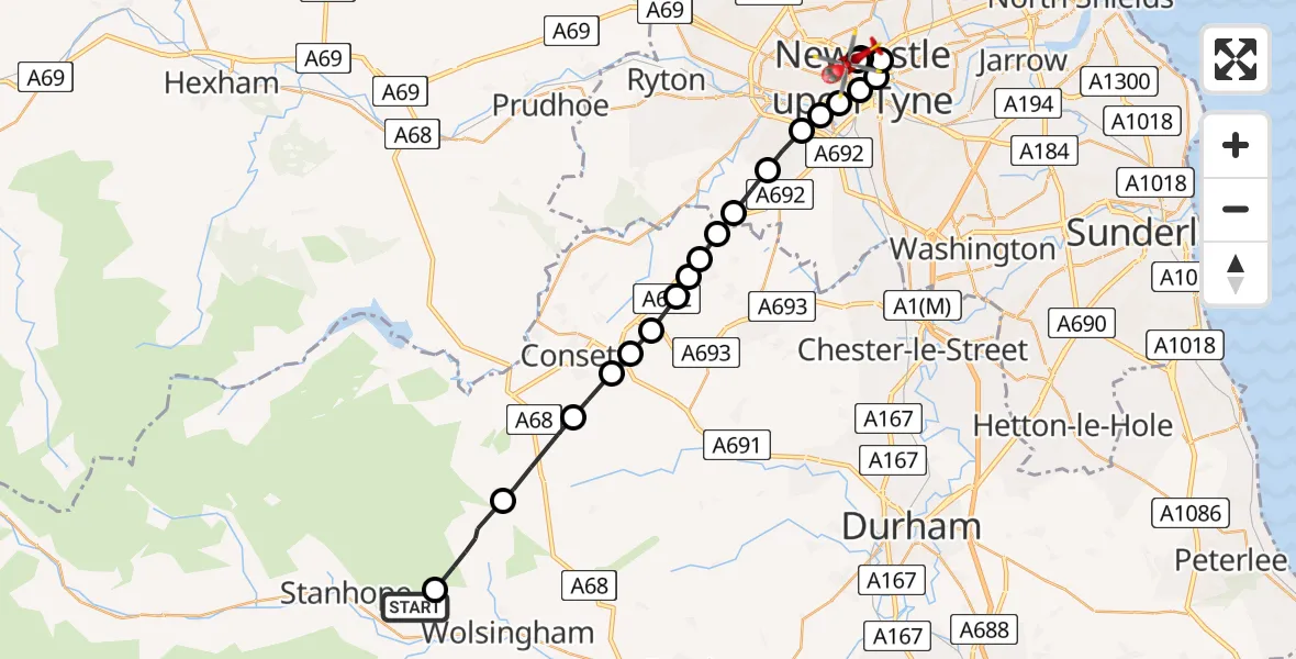 Flight route Air Ambulance Helicopter LCPs of Stanhope, Wolsingham and Tow Law - Newcastle Royal Victoria Infirmary, 04 July 2026, 11:48