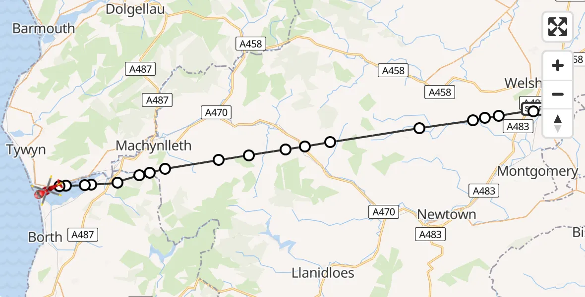 Flight route Air Ambulance Helicopter Welshpool Airport - Llangynfelyn, 04 July 2026, 11:54