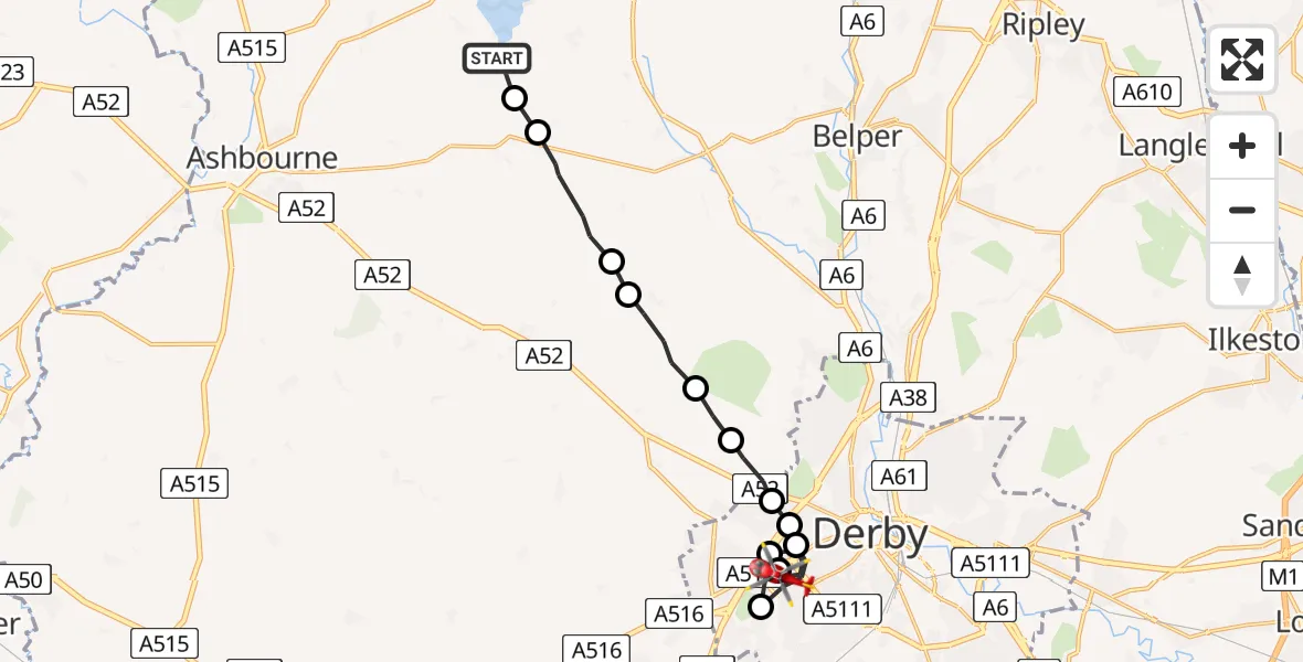 Flight route Air Ambulance Helicopter Kirk Ireton - Royal Derby Trauma Unit, 04 July 2026, 11:55