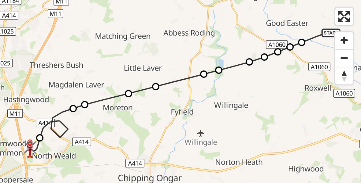 Flight route Air Ambulance Helicopter Chelmsford - North Weald Airfield, 04 July 2026, 11:59