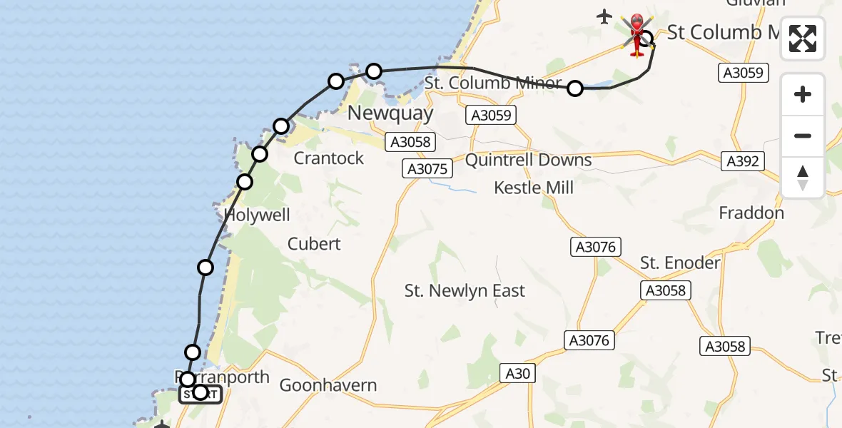 Flight route Air Ambulance Helicopter Perranporth - Cornwall Airport Newquay, 04 July 2026, 11:59