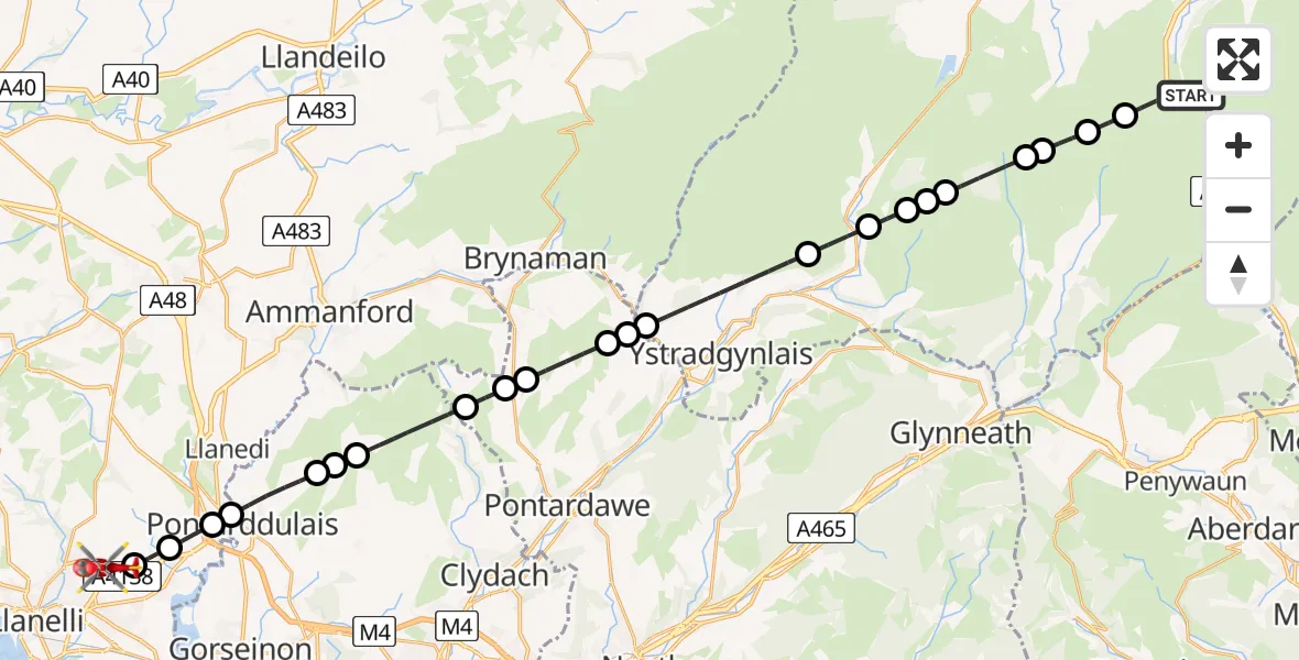 Flight route Air Ambulance Helicopter Glyn Tarell - Dafen, 04 July 2026, 12:04