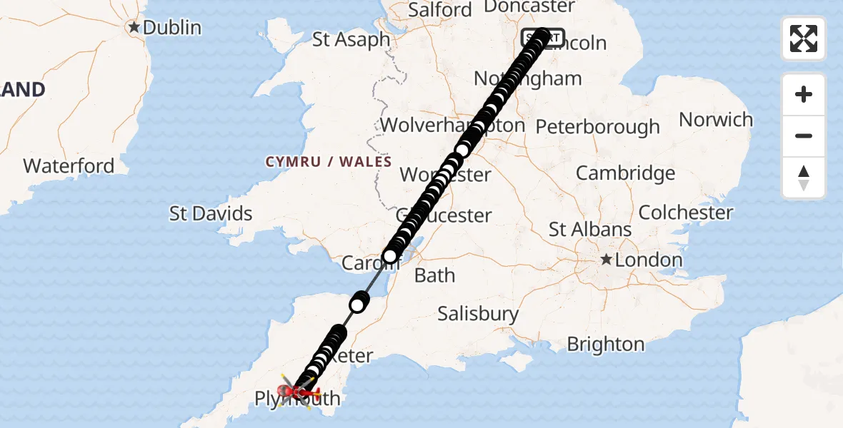 Flight route Air Ambulance Helicopter Retford Gamston Airport - Derriford Hospital, 04 July 2026, 12:09