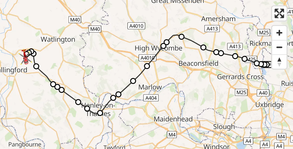 Flight route Air Ambulance Helicopter Harefield Hospital - RAF Benson, 04 July 2026, 12:12