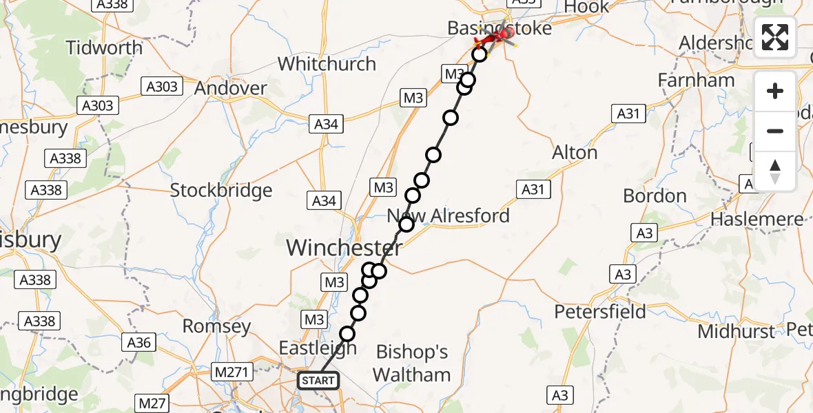 Flight route Air Ambulance Helicopter Eastleigh - Basingstoke, 04 July 2026, 12:16