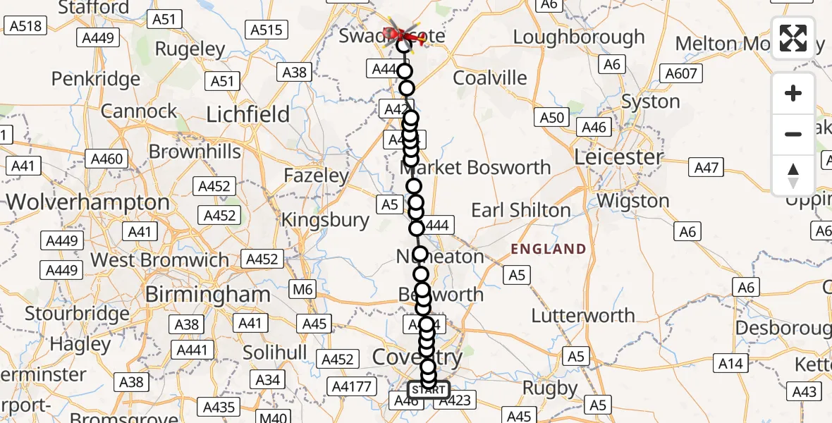 Flight route Air Ambulance Helicopter Coventry Airport - Swadlincote, 04 July 2026, 12:17