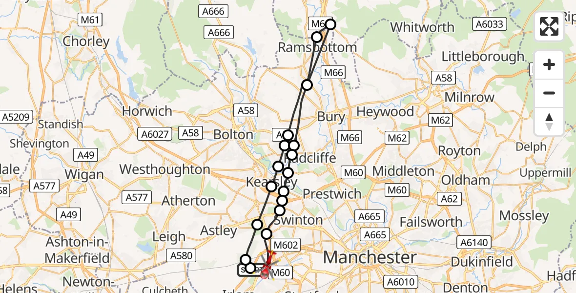 Flight route Air Ambulance Helicopter Manchester Barton Aerodrome - Irlam, 04 July 2026, 12:31