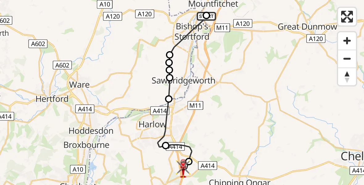 Flight route Air Ambulance Helicopter Birchanger - North Weald Airfield, 04 July 2026, 12:35