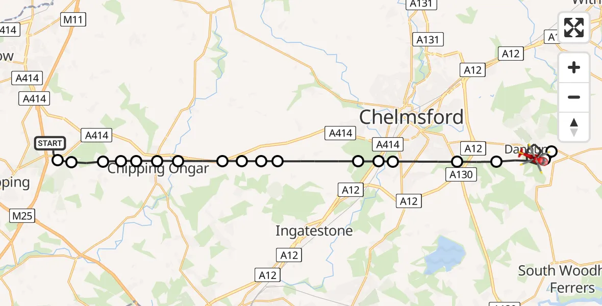 Flight route Air Ambulance Helicopter North Weald Airfield - Danbury, 04 July 2026, 12:35