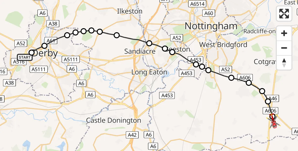Flight route Air Ambulance Helicopter Mackworth Estate - Nottingham Heliport, 04 July 2026, 12:40