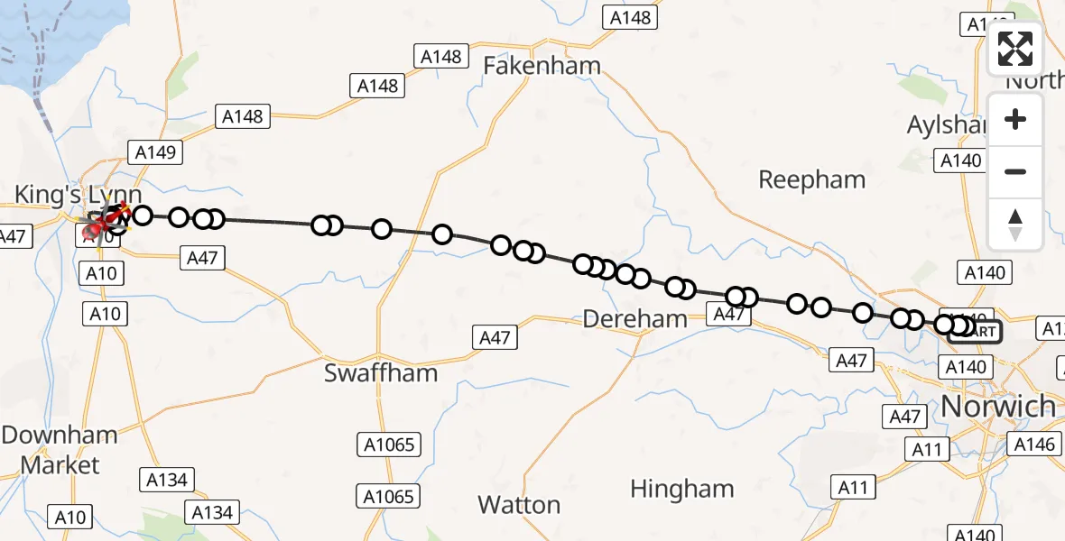 Flight route Air Ambulance Helicopter Norwich Airport - King's Lynn, 04 July 2026, 12:43
