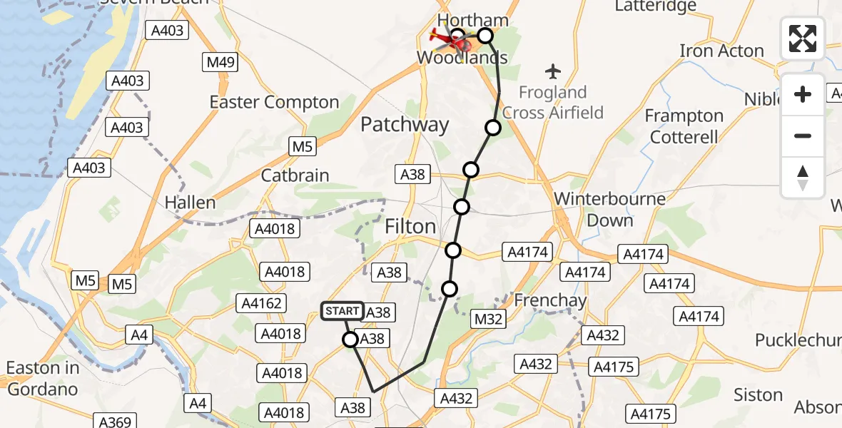 Flight route Air Ambulance Helicopter Southmead Hospital - Almondsbury Helicopter Base, 04 July 2026, 12:49