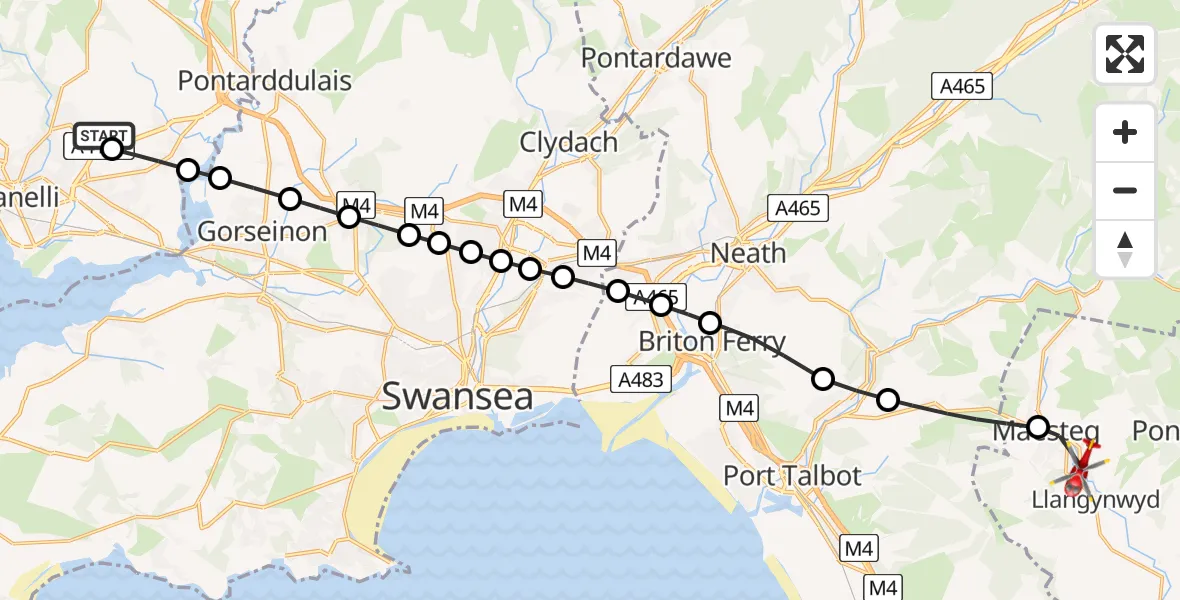 Flight route Air Ambulance Helicopter Dafen - Cwmfelin, 04 July 2026, 12:50