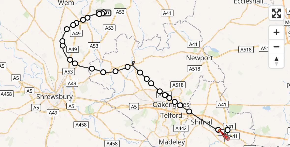 Flight route Air Ambulance Helicopter Marchamley - Cosford, 04 July 2026, 12:54
