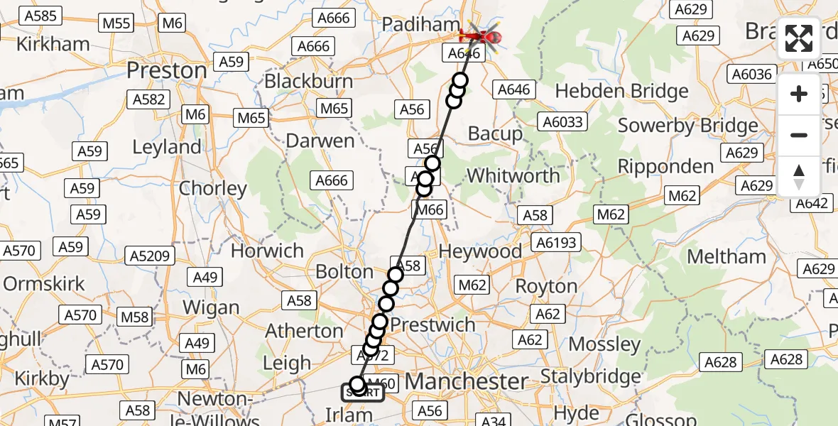 Flight route Air Ambulance Helicopter Manchester Barton Aerodrome - Burnley, 04 July 2026, 13:04