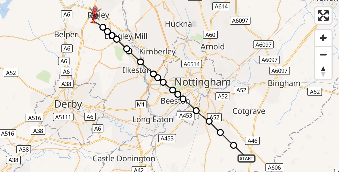Flight route Air Ambulance Helicopter Widmerpool - Ripley, 04 July 2026, 13:09