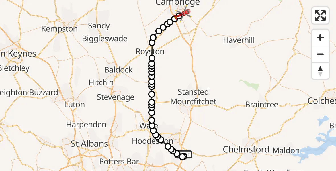 Flight route Air Ambulance Helicopter North Weald Airfield - Great Shelford, 04 July 2026, 13:12