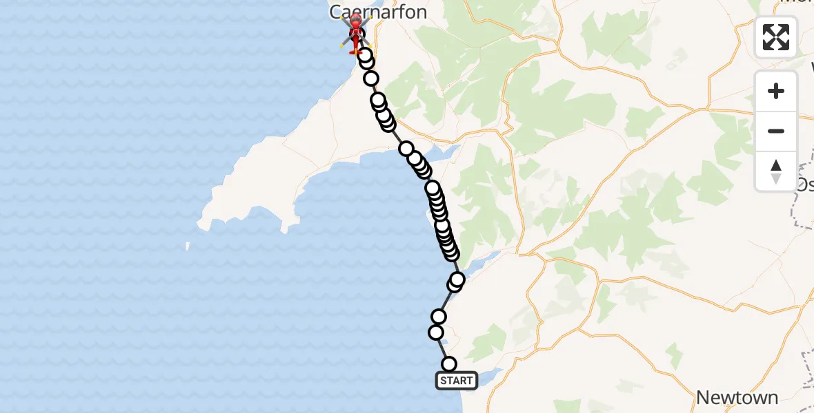 Flight route Air Ambulance Helicopter Aberdyfi - Caernarfon Airport, 04 July 2026, 13:13