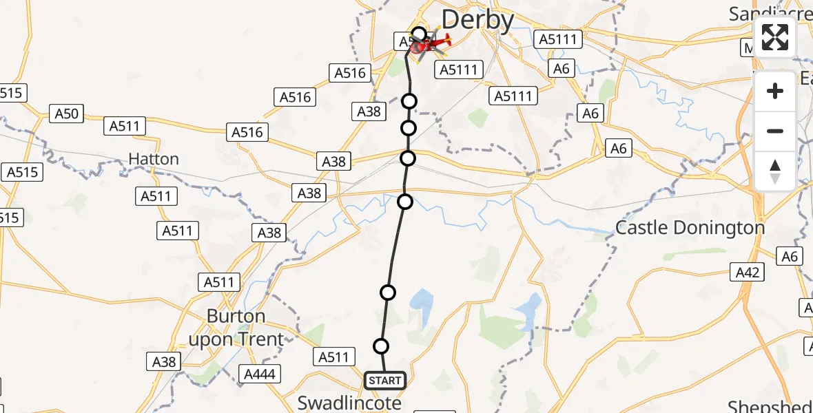 Flight route Air Ambulance Helicopter Swadlincote - Littleover, 04 July 2026, 13:21