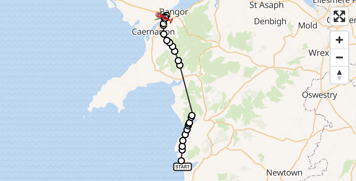 Flight route Air Ambulance Helicopter Aberdyfi - Pentir, 04 July 2026, 13:26