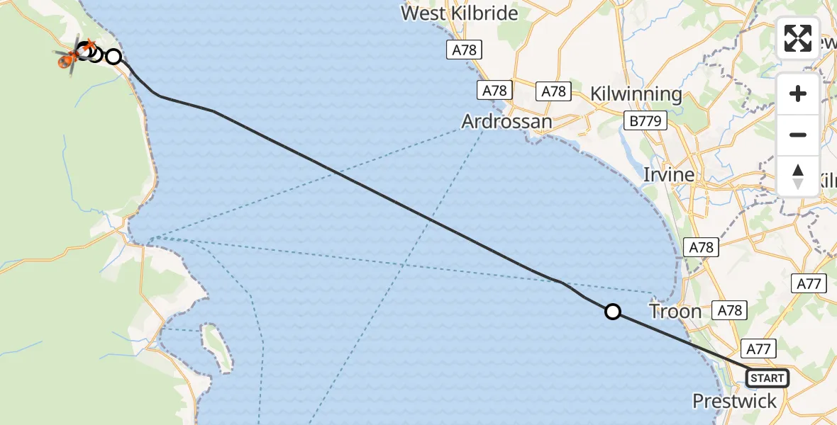Flight route Coastguard Helicopter Glasgow Prestwick Airport - North Ayrshire, 04 July 2026, 13:33