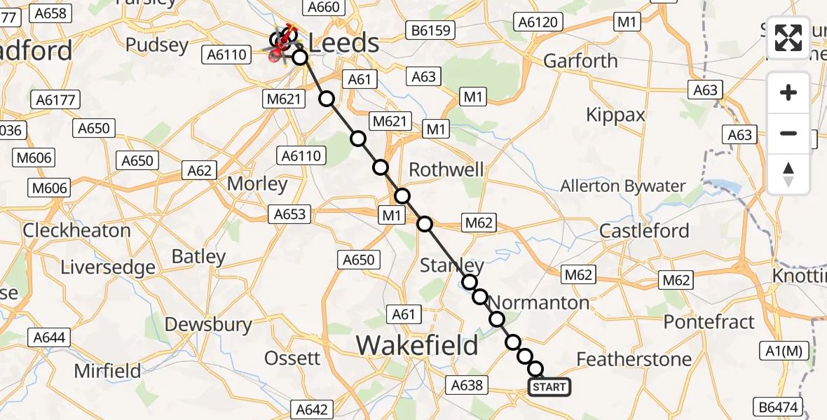Flight route Air Ambulance Helicopter Sharlston - Wortley, 04 July 2026, 13:41