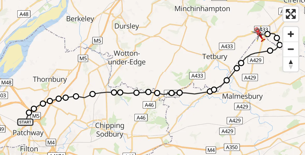 Flight route Air Ambulance Helicopter Bristol - Cotswold Airport, 04 July 2026, 13:41