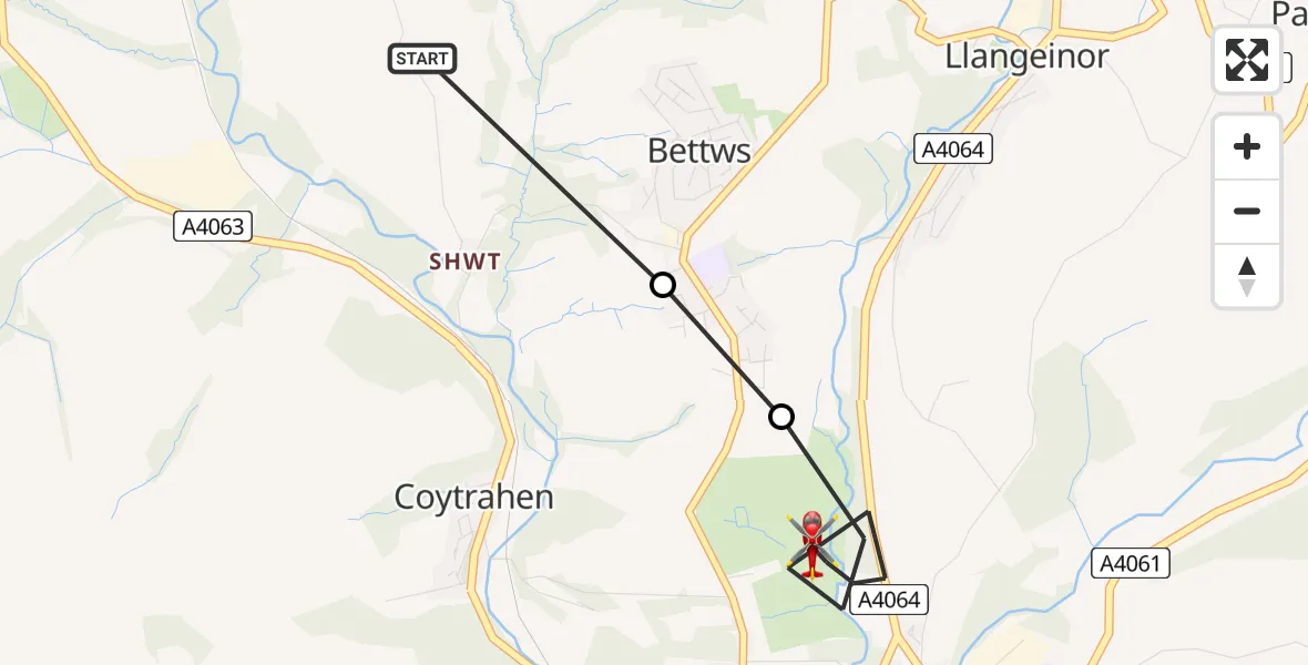 Flight route Air Ambulance Helicopter Coytrahen - Brynmenyn, 04 July 2026, 13:41