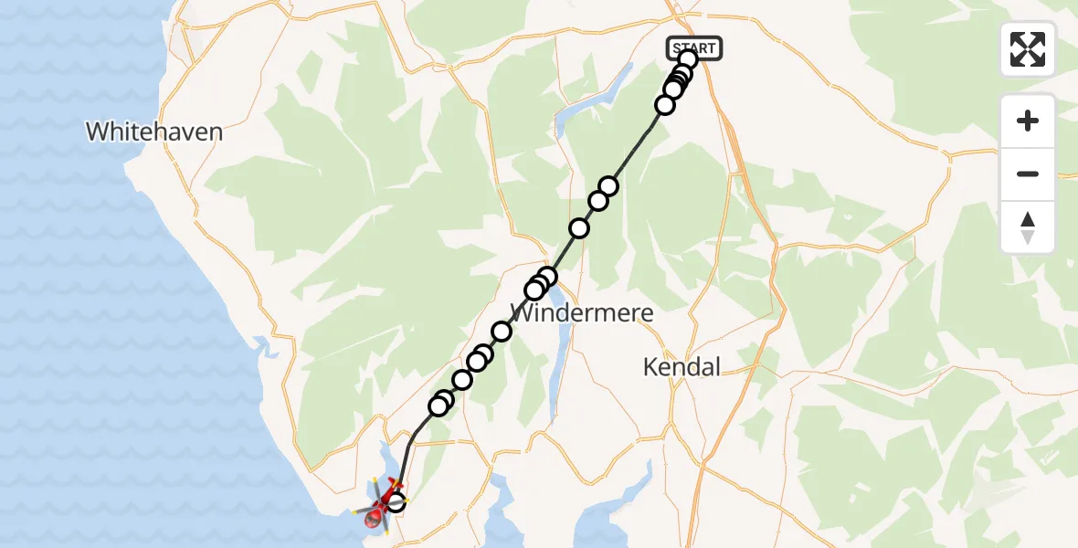 Flight route Air Ambulance Helicopter Clifton - Askam-in-Furness, 04 July 2026, 13:41
