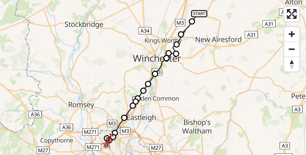 Flight route Air Ambulance Helicopter Northington - University Hospital Southampton, 04 July 2026, 13:41