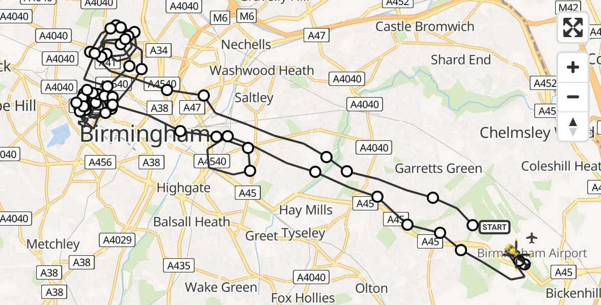 Flight route Police Helicopter Birmingham Airport - Solihull, 04 July 2026, 13:52