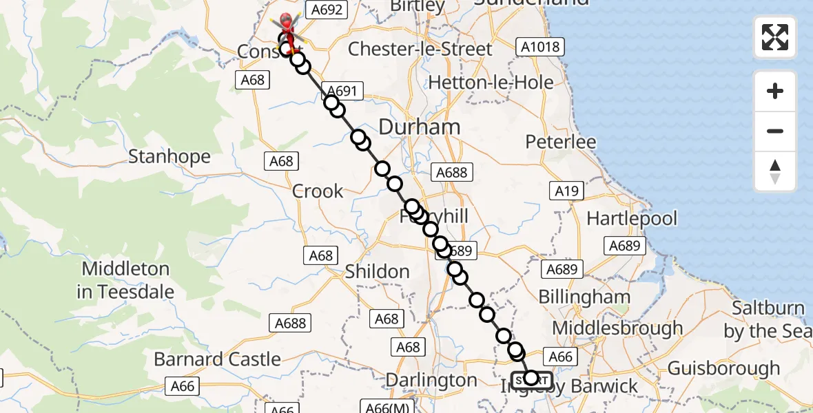 Flight route Air Ambulance Helicopter Egglescliffe - Consett, 04 July 2026, 13:52