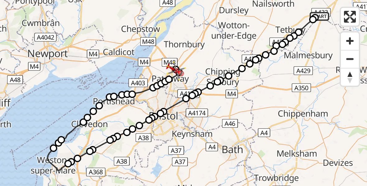 Flight route Air Ambulance Helicopter Cotswold Airport - Almondsbury Helicopter Base, 04 July 2026, 13:57