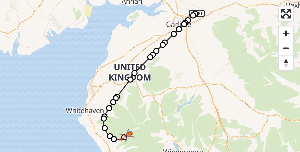 Flight route Coastguard Helicopter Carlisle Lake District Airport - Wasdale, 04 July 2026, 14:00