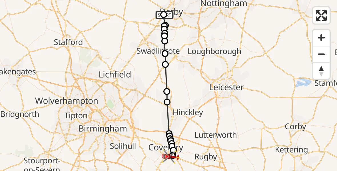 Flight route Air Ambulance Helicopter Royal Derby Trauma Unit - Coventry Airport, 04 July 2026, 14:05