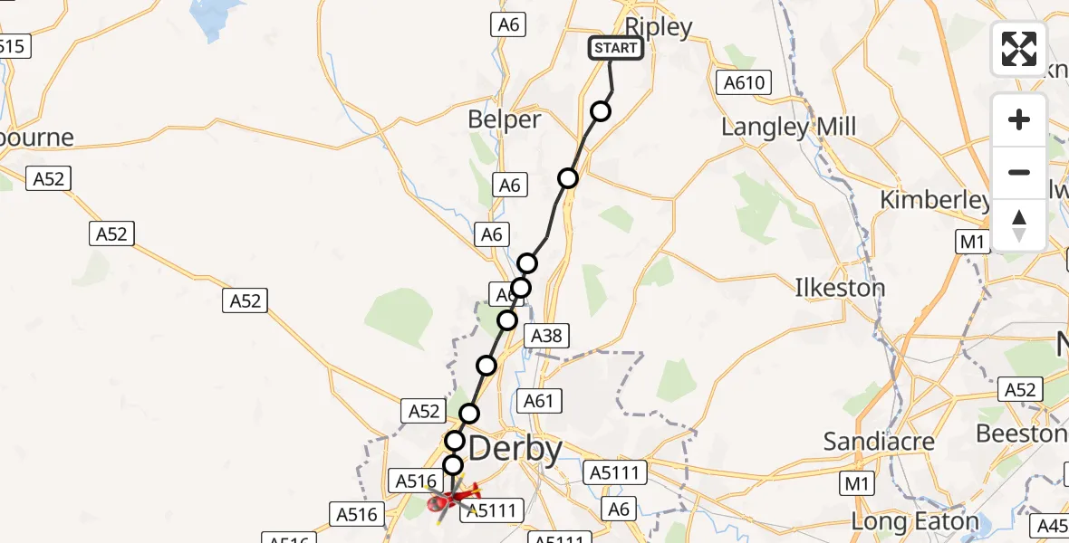 Flight route Air Ambulance Helicopter Ripley - Littleover, 04 July 2026, 14:06