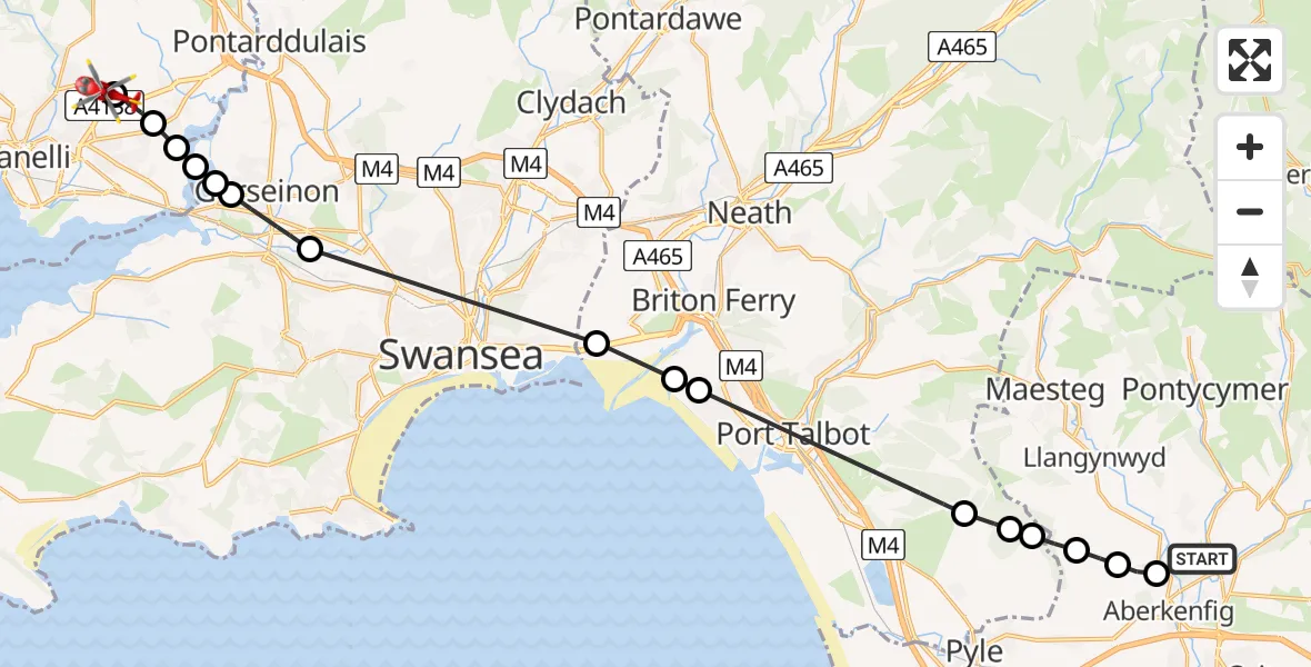 Flight route Air Ambulance Helicopter Brynmenyn - Dafen, 04 July 2026, 14:06